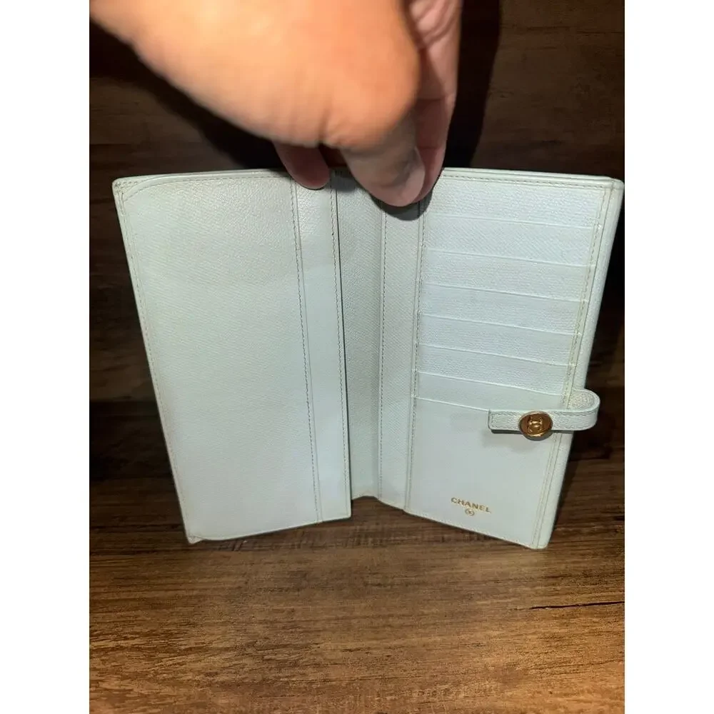 Rare Chanel Coco Button Continental Wallet Pastel Mint Tiffany Blue Caviar